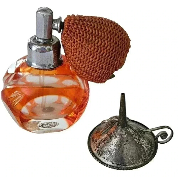 Vtg Orange Cut to Clear Glass Squat Perfume Atomizer Scent Bottle w/Bulb - Picture 1 of 8